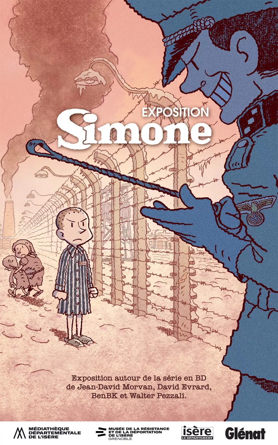 Affiche de l'exposition "Simone" composée d'une illustration montrant un enfant dans un camp de concentration regardant avec détermination un SS le menaçant d'une cravache