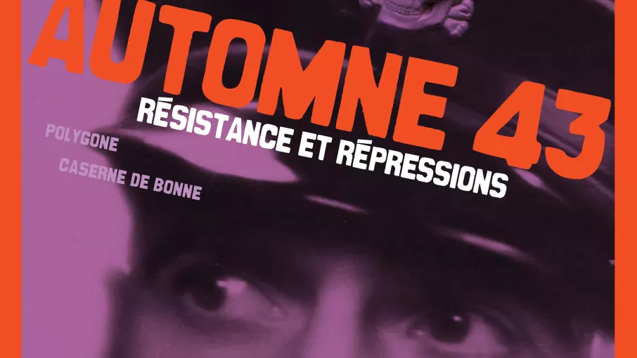 Affiche de l'exposition "Automne 43" composée d'un portrait de SS portant le képi nazi