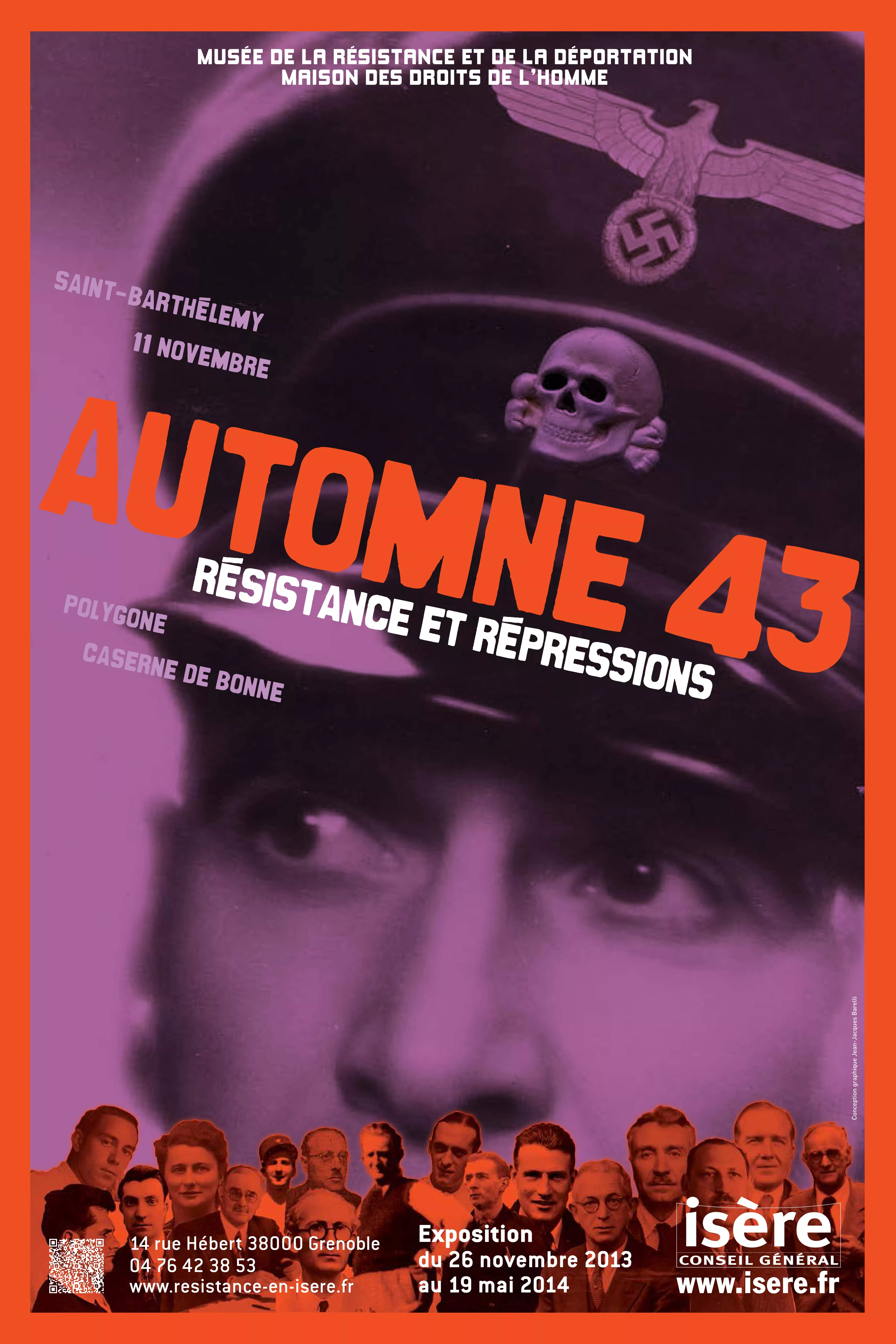 Affiche de l'exposition "Automne 43" composée d'un portrait de SS portant le képi nazi