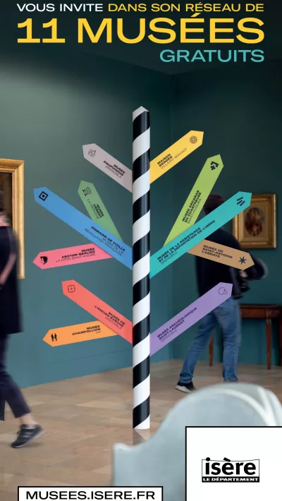 un arbre sympolique dont les brance colorés portent le nom des 11 musées départementaux